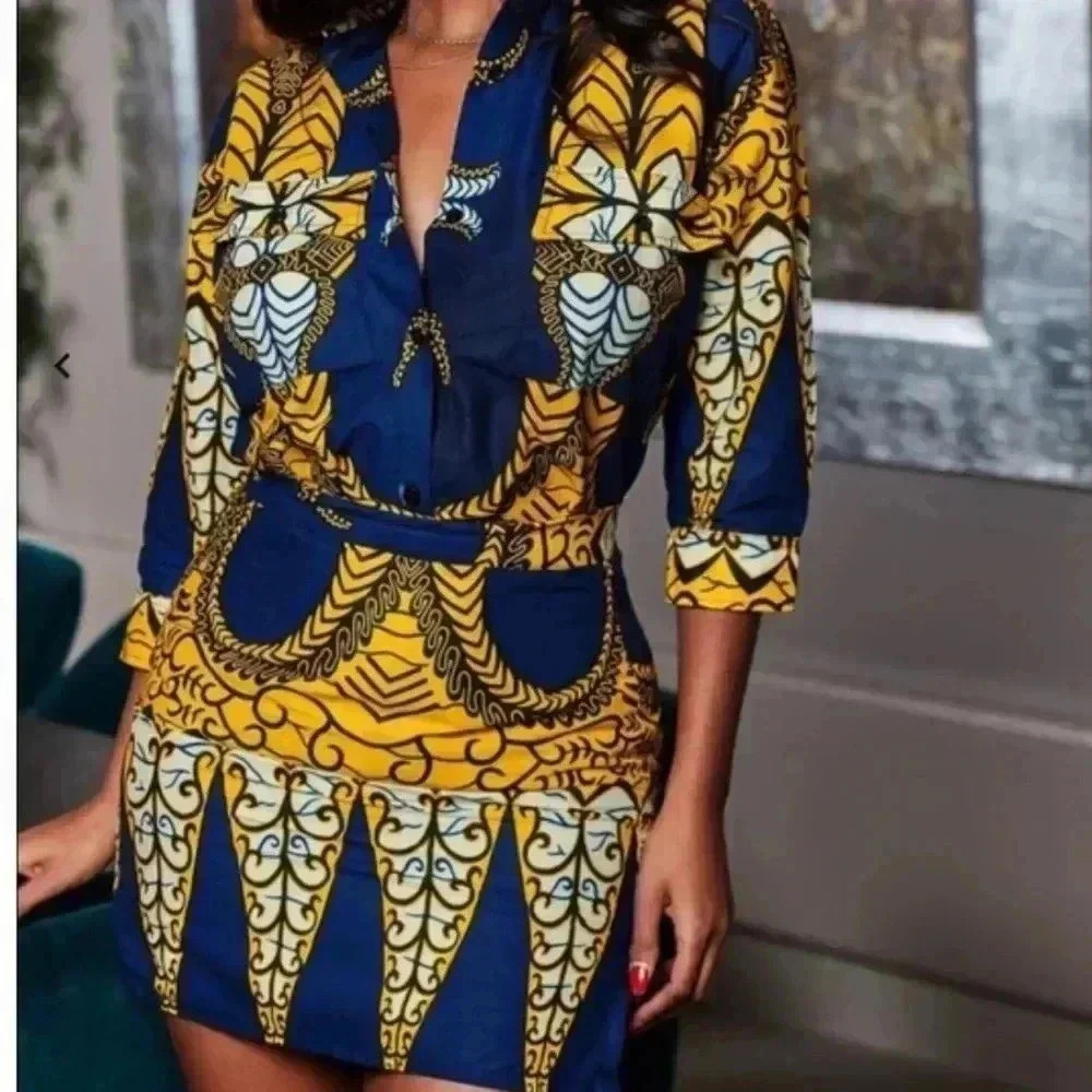 Grassfields Blue & Yellow Mini Skirt Small